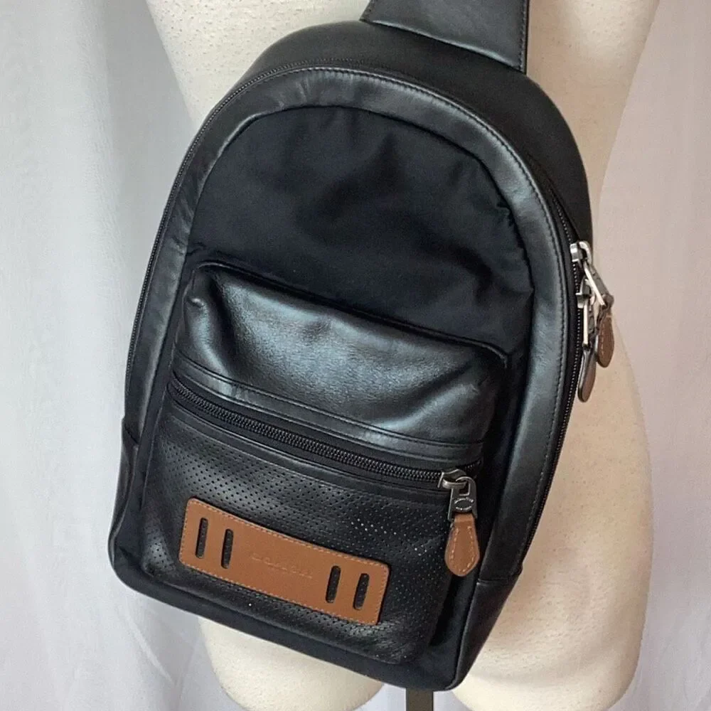 Coach New York Trek Terrain Sling Pack Backpack Black Leather Nylon Mesh